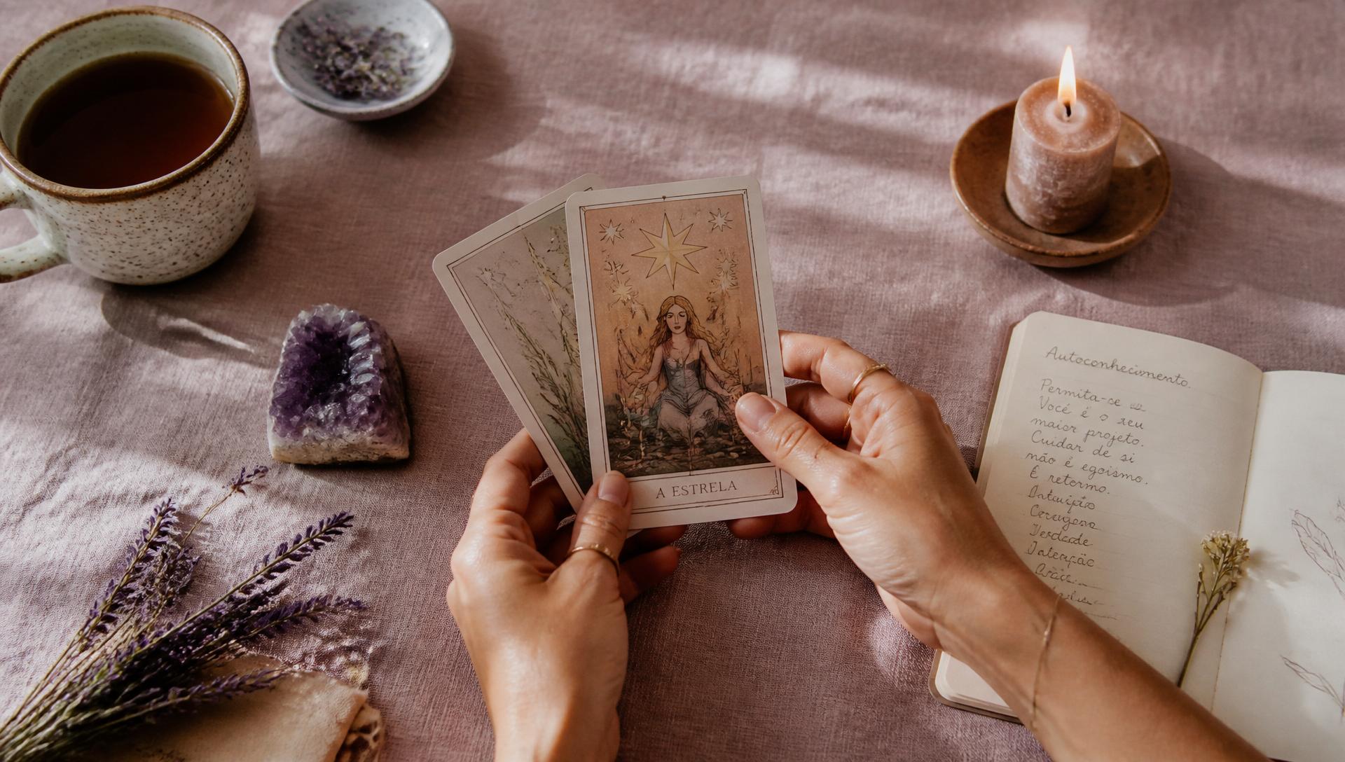 Mãos segurando cartas de tarot sobre uma mesa de linho com vela, cristais e chá